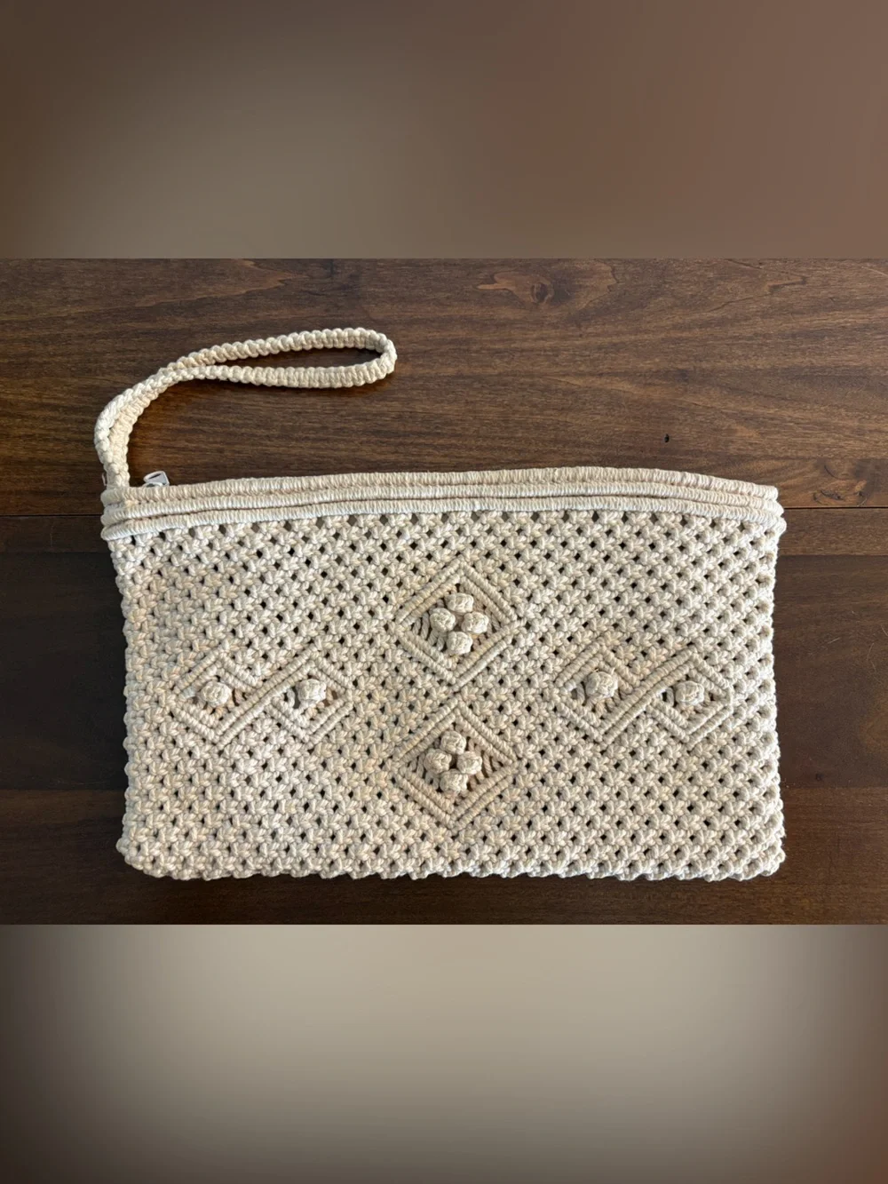 Vintage Crocheted Zippered Beige Clutch W/Wrist Loop Made People’s Rep Of China